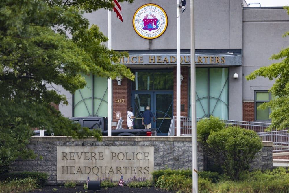 Outside the Revere Police Department headquarters. (Jesse Costa/WBUR)