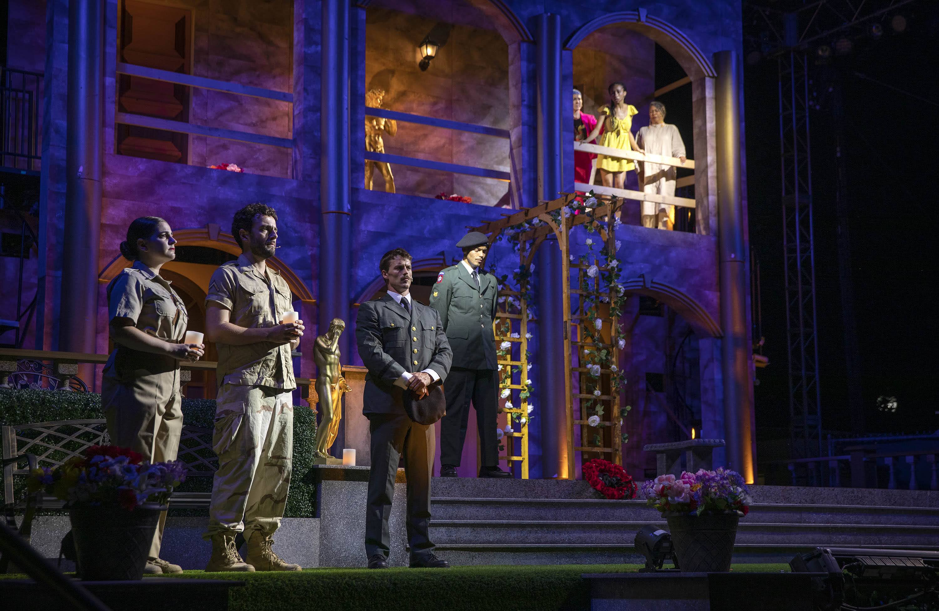 Don Pedro, Claudio and others pay their respects to Hero, who they believe has died, in a scene during rehearsal for the Commonwealth Shakespeare Company's &quot;Much Ado About Nothing&quot; on Boston Common. (Robin Lubbock/WBUR)