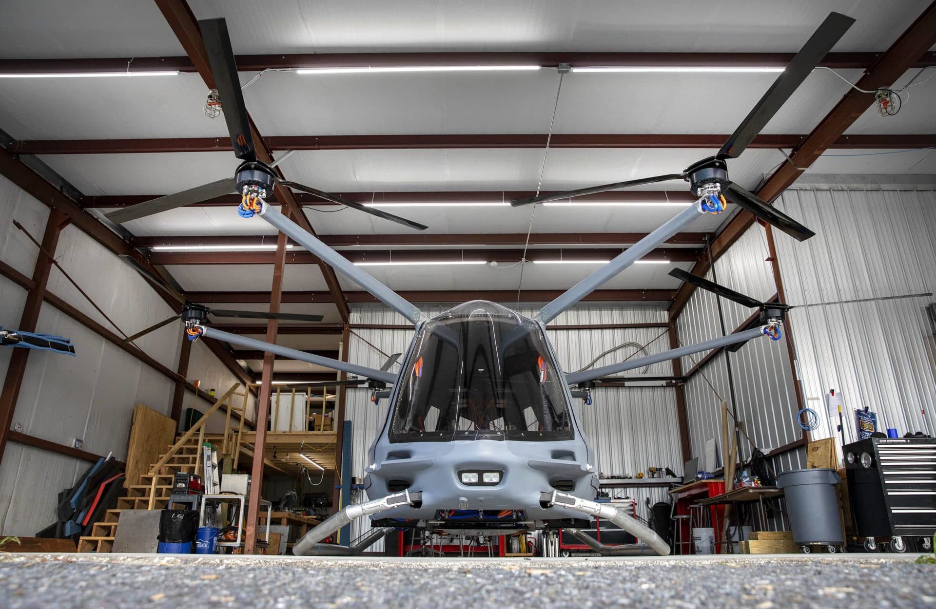 An experimental model of SKAI, an electric vertical take off and landing vehicle, at the company's workshops in Stow. (Robin Lubbock/WBUR)