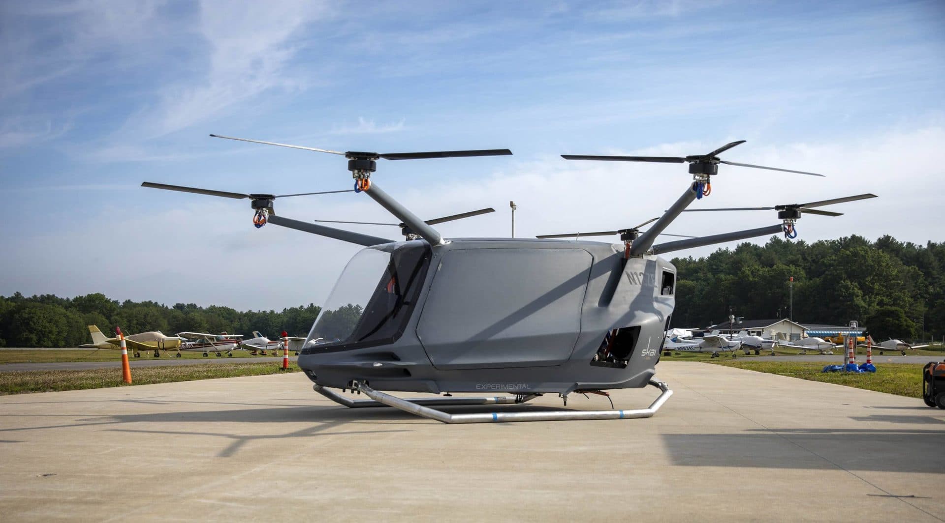 A SKAI copter on the testing pad at Minute Man Air Field. (Robin Lubbock/WBUR)