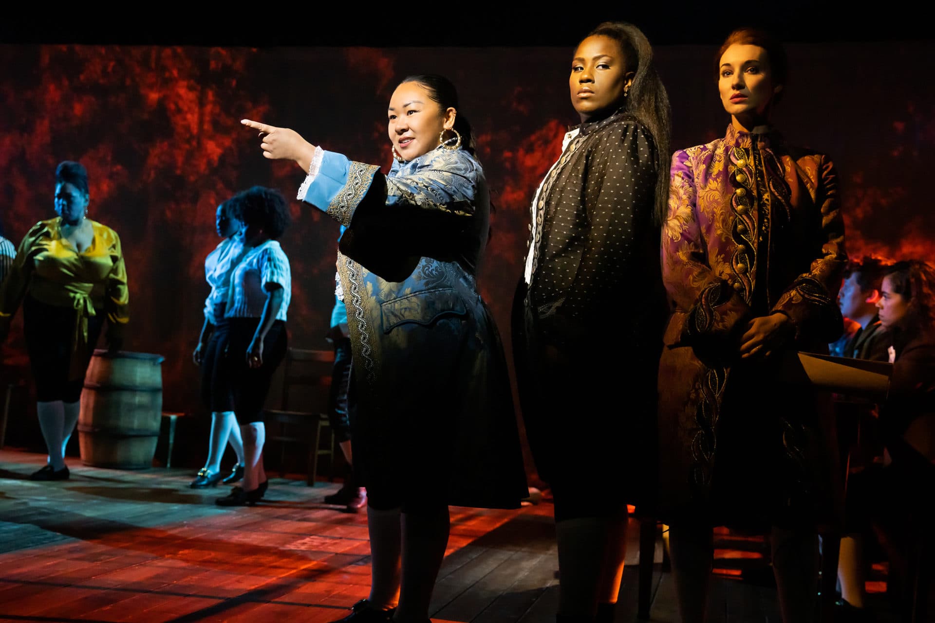 Sara Porkalob, Crystal Lucas-Perry, Elizabeth A. Davis and members of the company of &quot;1776.&quot; (Courtesy Evan Zimmerman for Murphy Made)