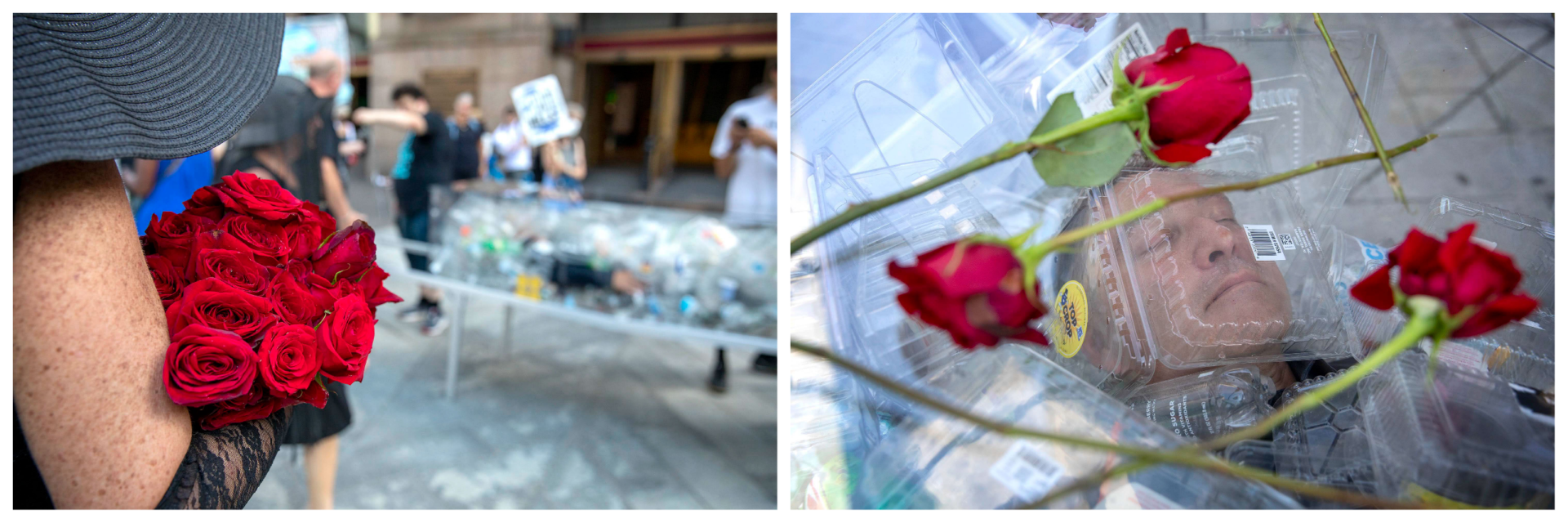 Left, artist Anne-Katrin Spiess holds a bouquet of roses. Right, flowers left by mourners lie on the coffin lid, during a performance of &quot;Death by Plastic.&quot; (Robin Lubbock/WBUR)