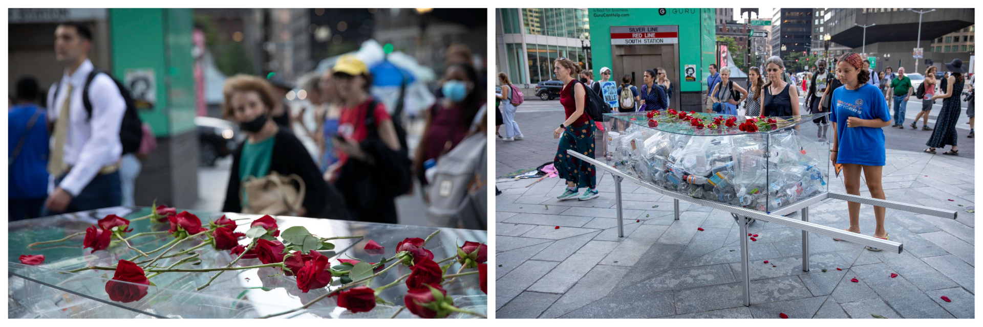 Passers-by glance into the coffin at the entrance to South Station during a performance of artist Anne-Katrin Spiess' &quot;Death by Plastic.&quot; (Robin Lubbock/WBUR)