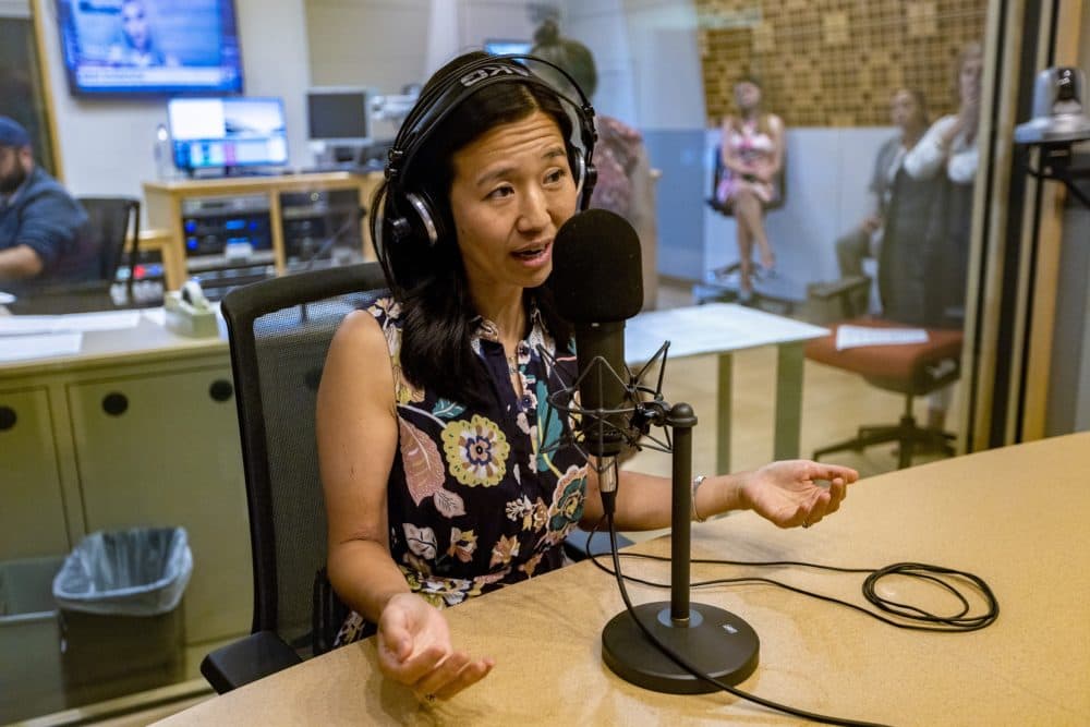 Boston Mayor Michelle Wu speaks on air during an interview on WBUR's Radio Boston. (Jesse Costa/WBUR)