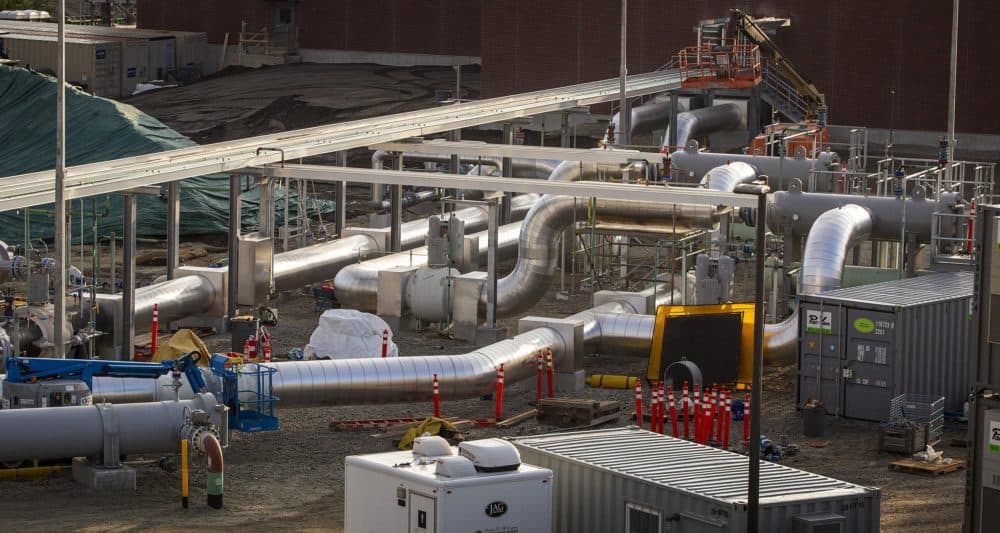 Pipes at the Weymouth gas compressor station. (Robin Lubbock/WBUR)