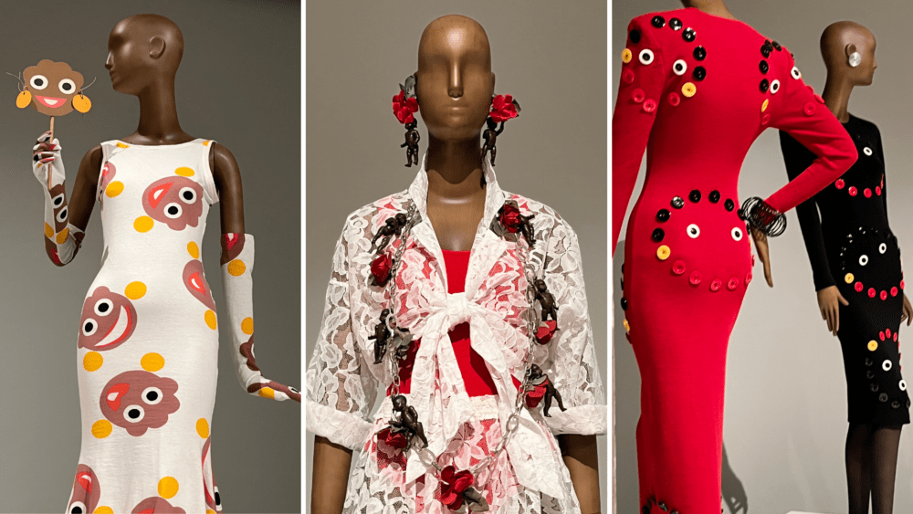 These three pieces feature interpretations of racist iconography. The white dress showcases the face of the golliwog, which Patrick Kelly adopted as his logo for his company Patrick Kelly Paris. 