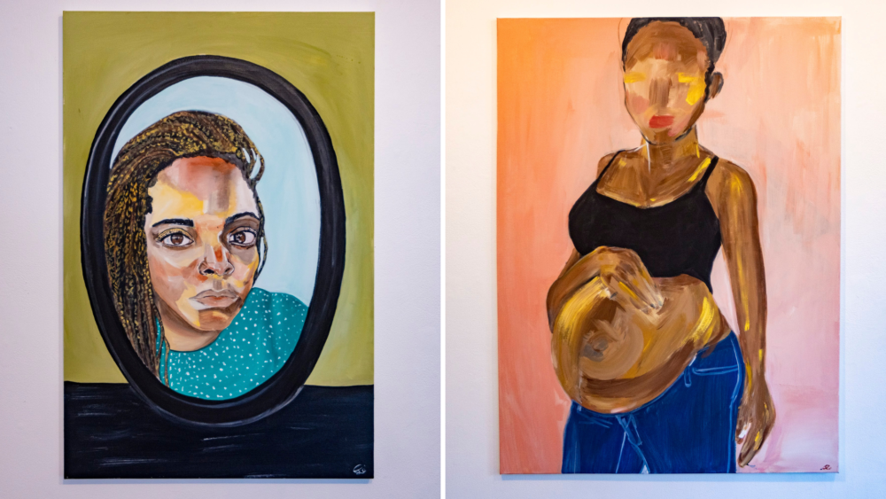 On the left is &quot;Am I glowing yet,&quot; featuring artist Valerie Imparato looking skeptically into a mirror. On the right, &quot;The Container&quot; shows a more abstract portraiture of the artist. (Jesse Costa/ WBUR)