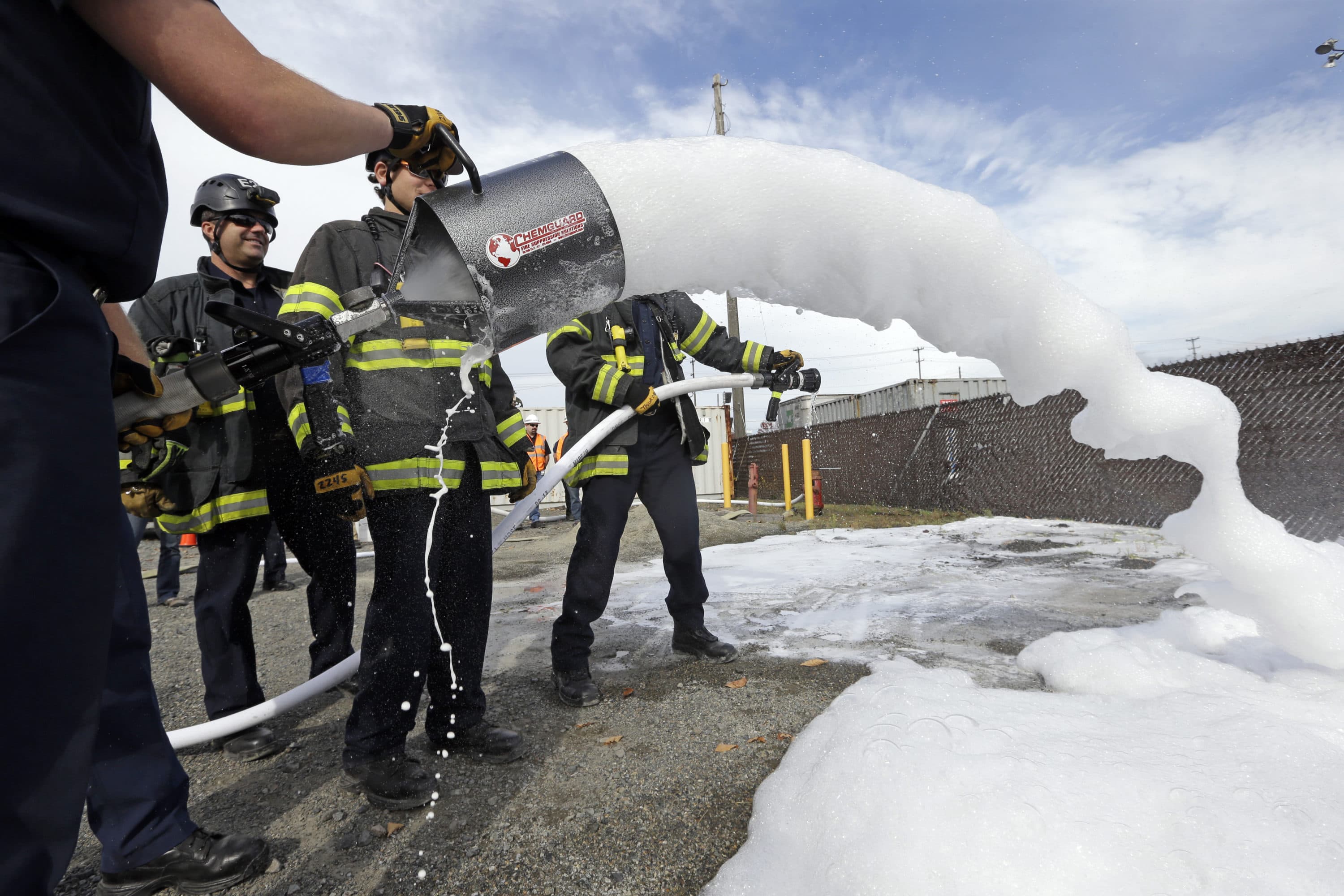 Firefighting foams like this one often contain PFAS chemicals. (Elaine Thompson/AP)