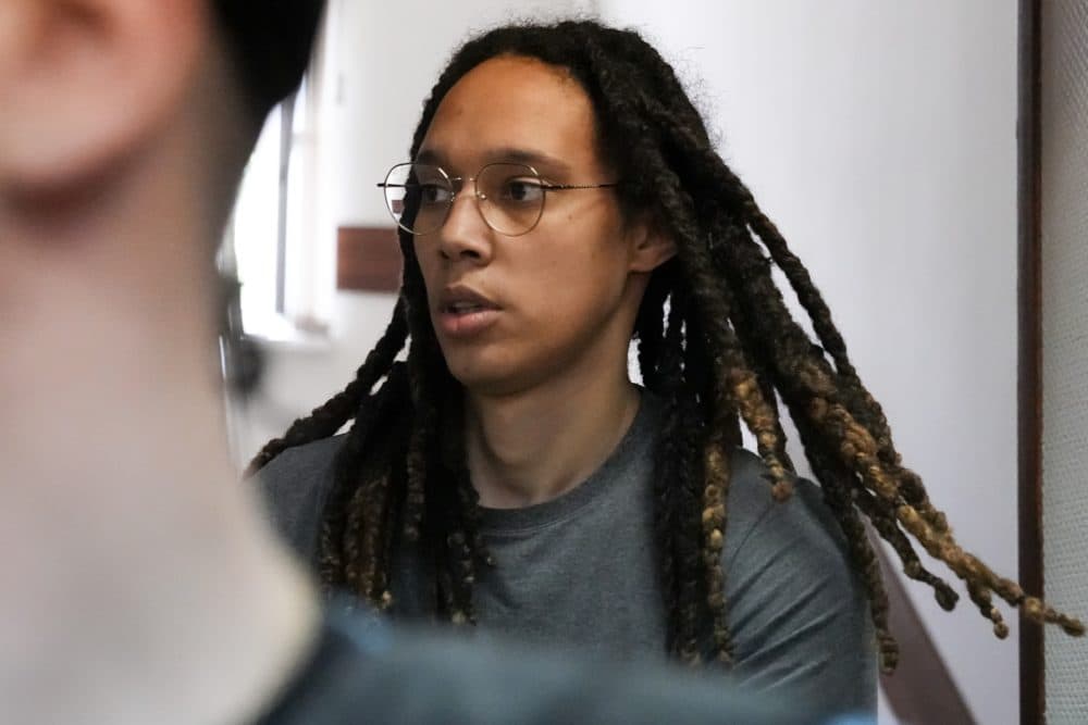 WNBA star and two-time Olympic gold medalist Brittney Griner is escorted to a courtroom for a hearing. (Alexander Zemlianichenko/AP)