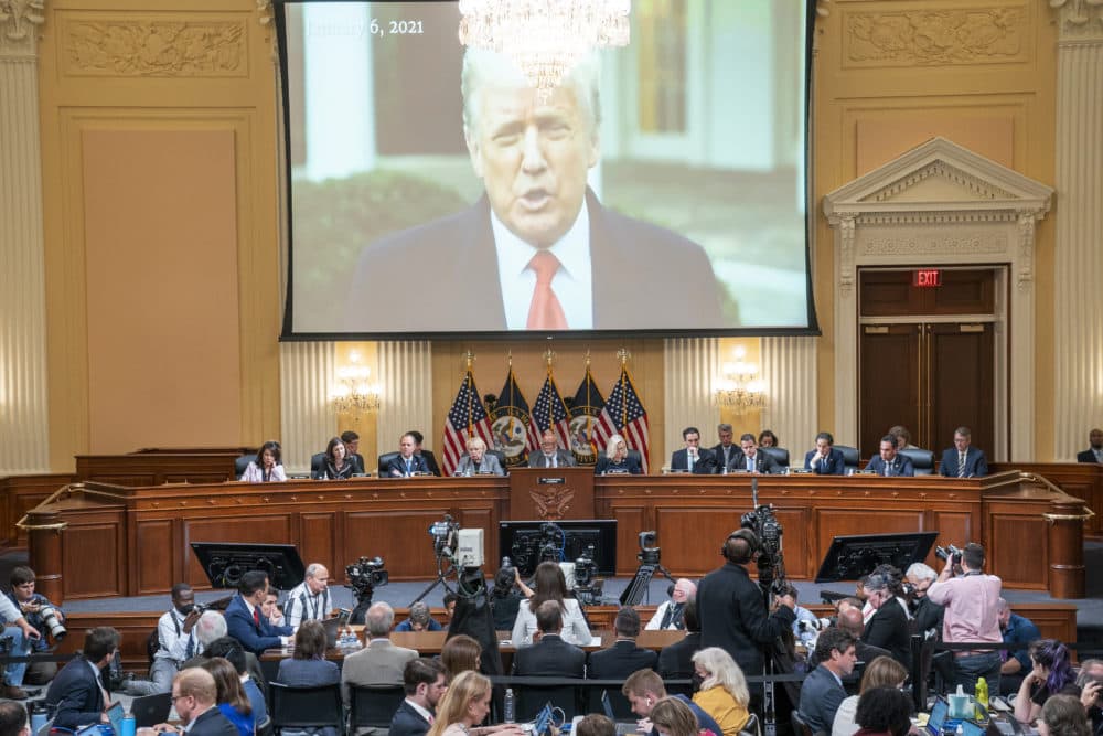 A video of former President Donald Trump from his Jan. 6 Rose Garden statement is played as Cassidy Hutchinson, former aide to Trump White House chief of staff Mark Meadows, testifies. (Sean Thew/Pool via AP)
