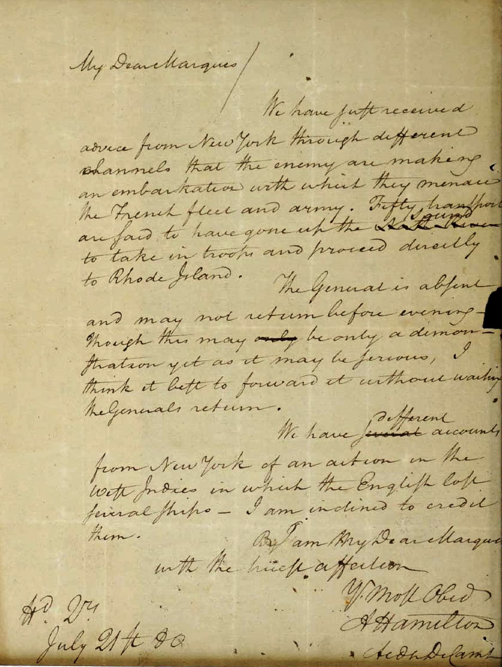A 1780 letter from Alexander Hamilton to the Marquis de Lafayette was stolen from the Massachusetts Archives decades ago. (U.S. Attorney's Office via AP)