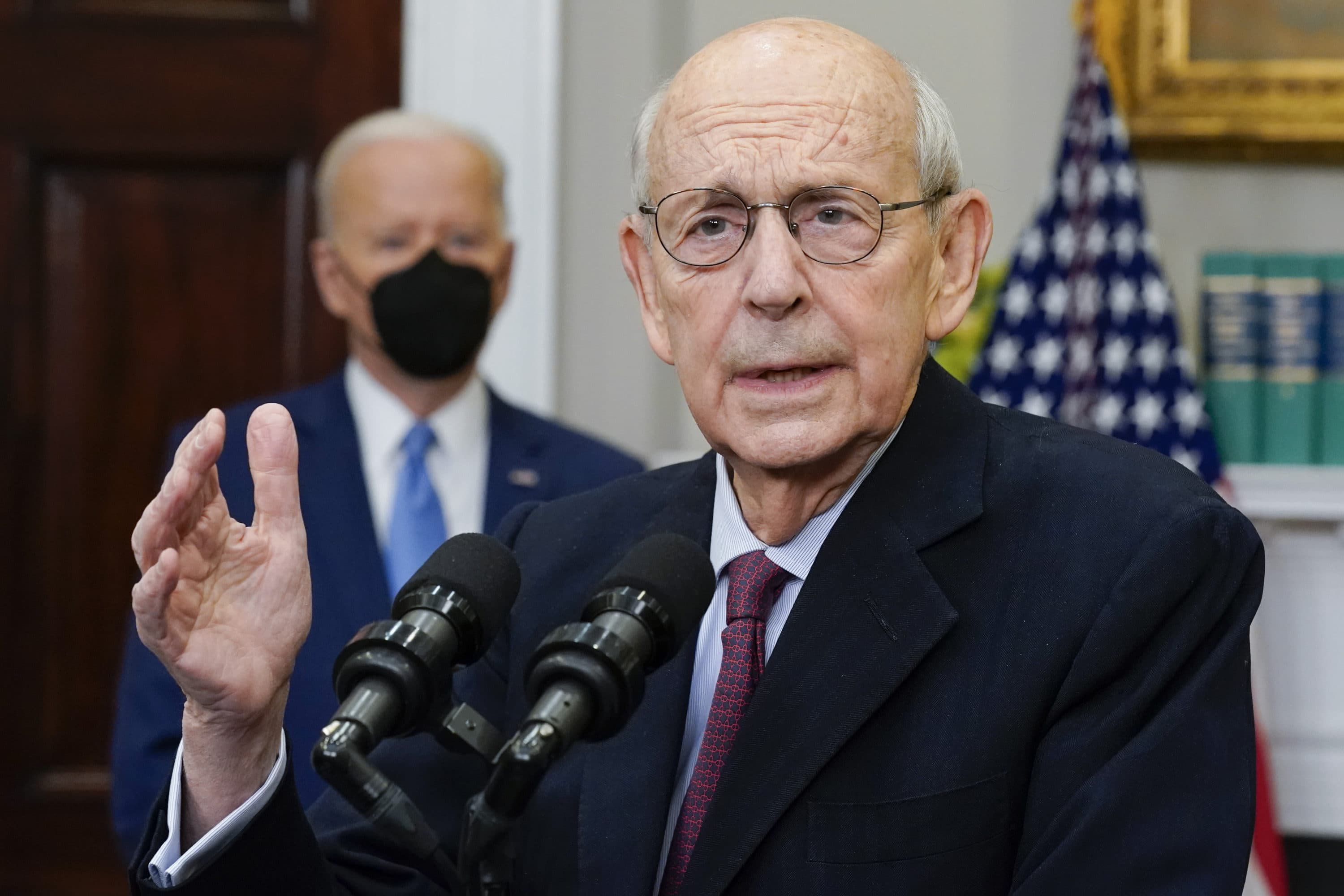 President Joe Biden listens as Supreme Court Associate Justice Stephen Breyer announces his retirement in the Roosevelt Room of the White House in Washington, Jan. 27, 2022. (Andrew Harnik/AP)