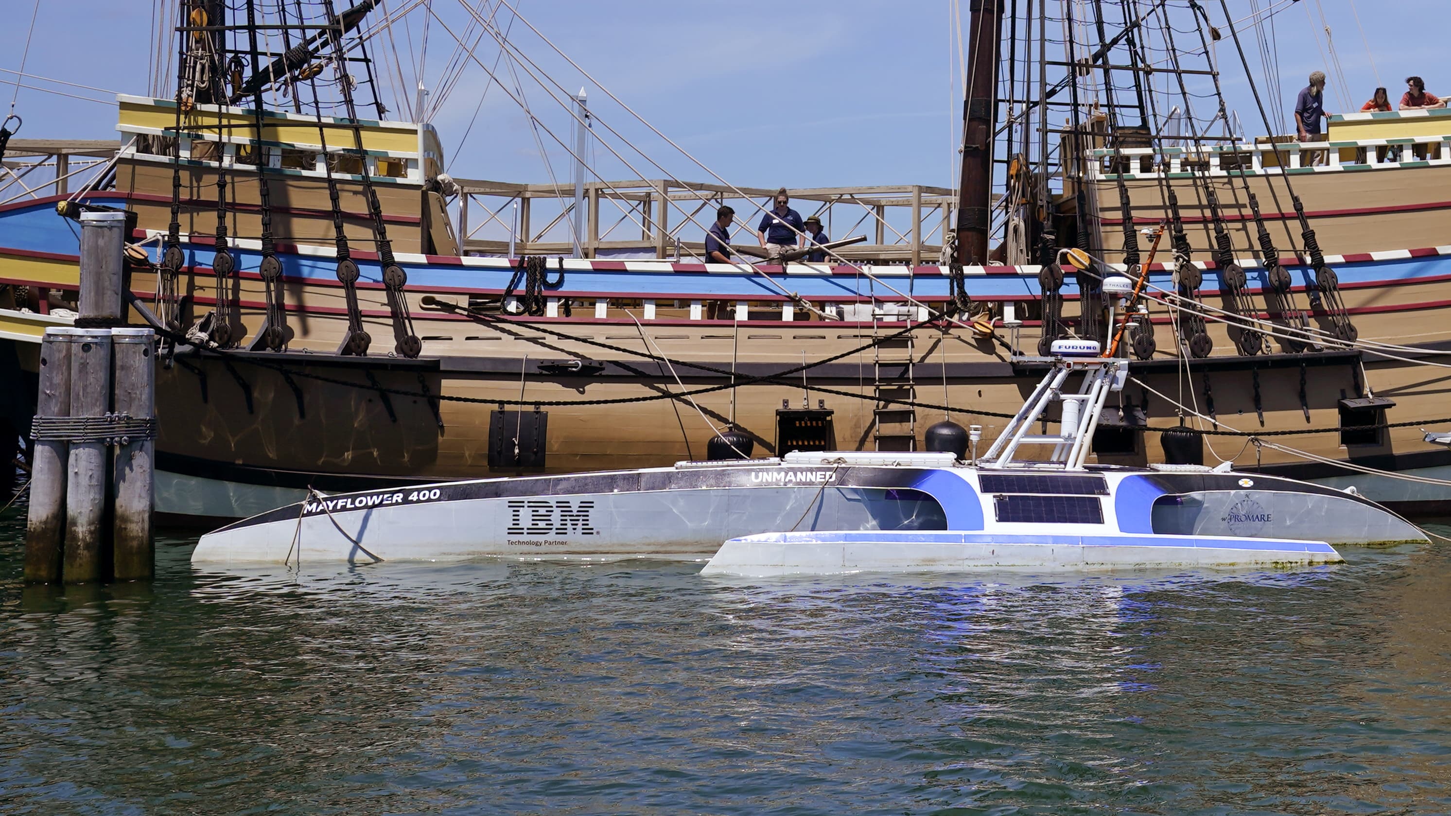 Mayflower Autonomous Ship floats next to the replica of the original Mayflower, June 30, 2022, in Plymouth, Mass. (Charles Krupa/AP)