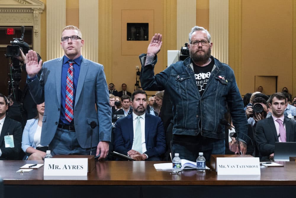 Stephen Ayres, who pleaded guilty last in June 2022 to disorderly and disruptive conduct in a restricted building, and Jason Van Tatenhove, an ally of Oath Keepers leader Stewart Rhodes, are sworn in on July 12 to testify for the House committee investigating the Jan. 6 attack. (Demetrius Freeman//The Washington Post via AP, Pool)