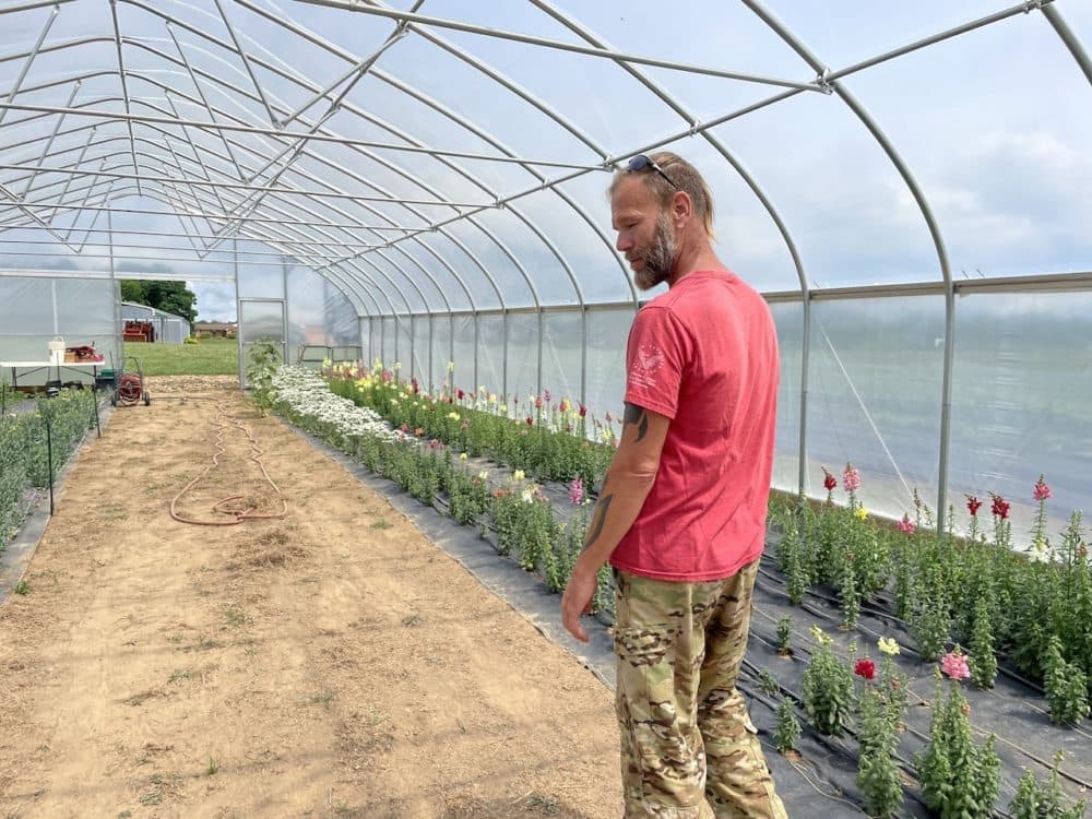 Charley Jordan checks on flowers in his greenhouse, which he purchased through a program to help veterans get into agriculture. The former Special Forces helicopter pilot is trying to break into horticulture therapy and help other veterans with PTSD. (Blake Farmer/WPLN)