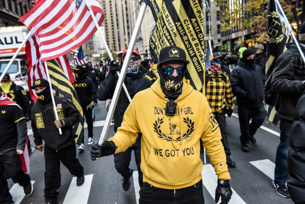 Members of the Proud Boys march in Manhattan against vaccine mandates on November 20, 2021 in New York City. A U.S. Circuit Court granted an emergency stay to temporarily stop the Biden administration's vaccine requirement for businesses with 100 or more workers. (Stephanie Keith/Getty Images)