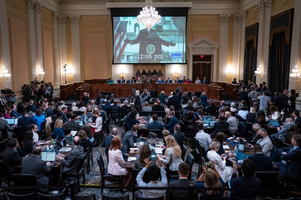 A video of former President Donald Trump speaking during a rally near the White House on Jan. 6th, is shown on a screen at a hearing held by the Select Committee to Investigate the January 6th Attack on the U.S. Capitol on June 09, 2022 on Capitol Hill in Washington, DC. (Jabin Botsford-Pool/Getty Images)