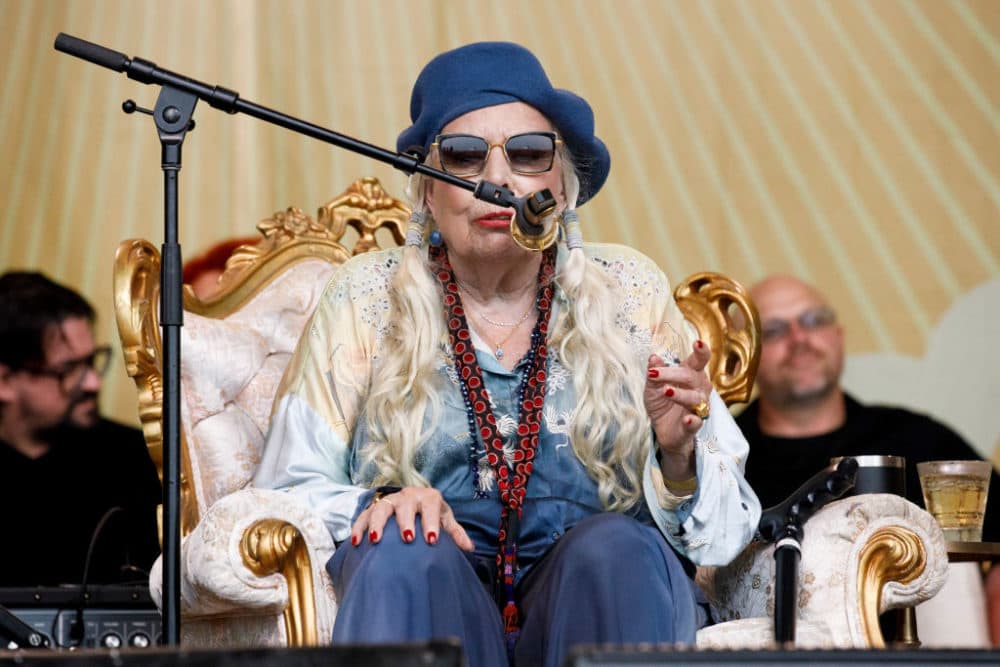 Joni Mitchel sings in a special Joni Jam performance at the 2022 Newport Folk Festival at Fort Adams State Park on July 24, 2022. (Carlin Stiehl for The Boston Globe via Getty Images)