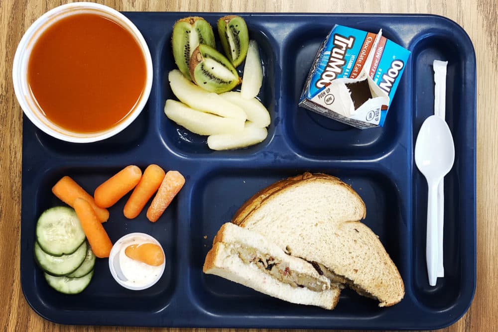 A school lunch containing sunflower seed butter and jelly sandwiches, tomato soup and fat-free chocolate milk. (Dixie D. Vereen/For The Washington Post via Getty Images)