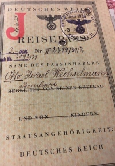 The author's grandfather's German passport, circa 1939. Notice the middle name "Israel"-- given to Otto by the Nazi government -- and the red "J" to signify his Jewish heritage. (Courtesy Diane Forman)