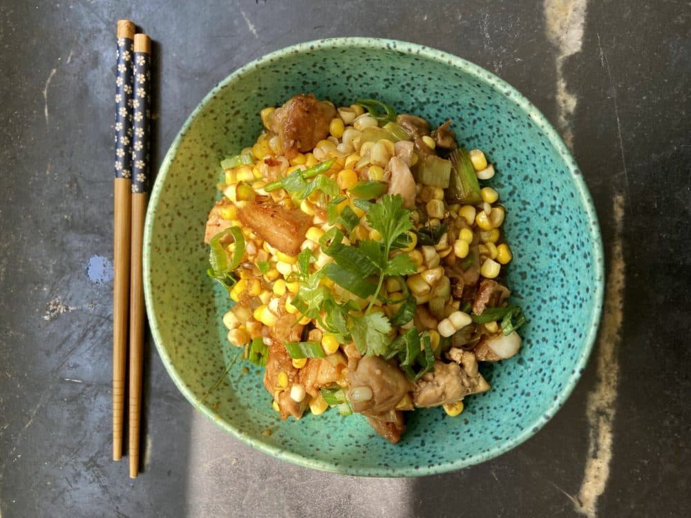 Corn, chicken and ginger stir fry. (Kathy Gunst/Here &amp; Now)