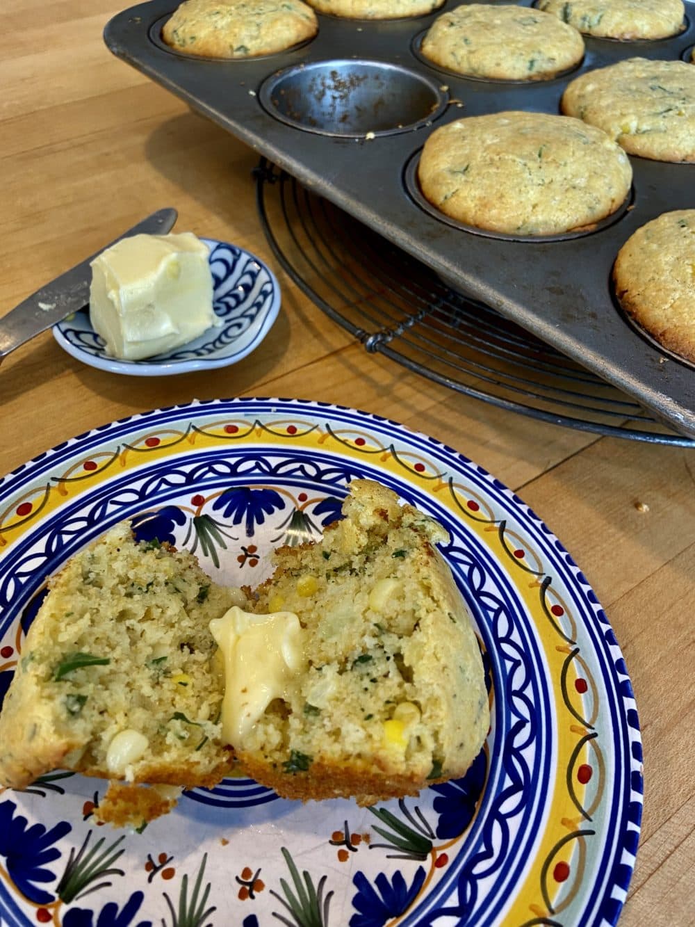 Double corn, scallion and herb muffins. (Kathy Gunst/Here &amp; Now)