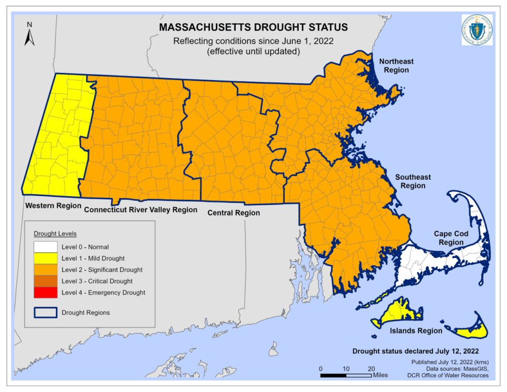 This map shows the current drought status of the seven regions. (Courtesy Massachusetts Executive Office of Energy and Environmental Affairs)