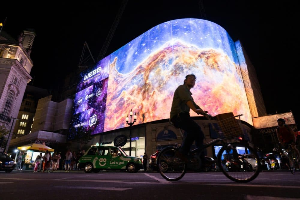 Nasa broadcasts the first images from the James Webb Space Telescope on the Piccadilly Lights screen in London. Picture date: Tuesday July 12, 2022. (Photo by James Manning/PA Images via Getty Images)