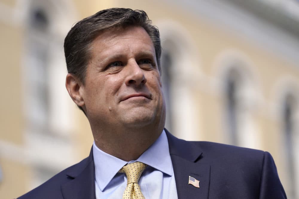 Republican gubernatorial candidate Geoff Diehl speaks with reporters outside the State House in Boston on March 21. (Steven Senne/AP)