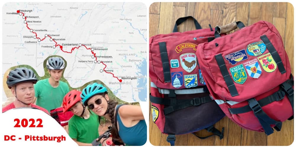 335 miles biked from Washington, D.C., to Pittsburgh, and the author's beloved panniers with patches from states through which she's biked -- two more added for this trip. June 2022. (Courtesy Mandy Syers)