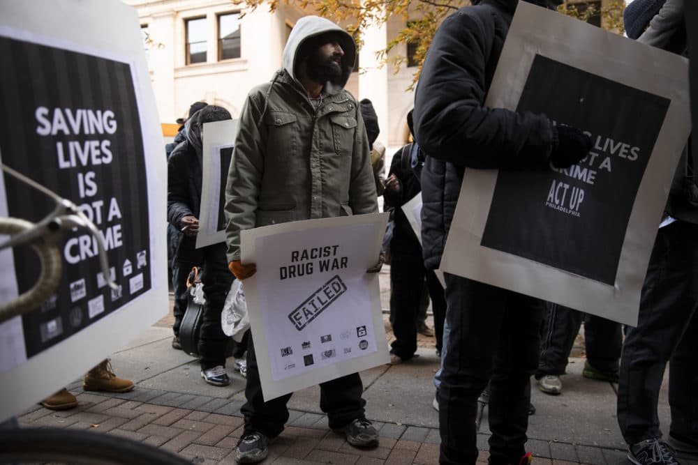 Protesters demonstrate in support of supervised injection sites in Philadelphia in 2019. (Matt Rourke/AP)