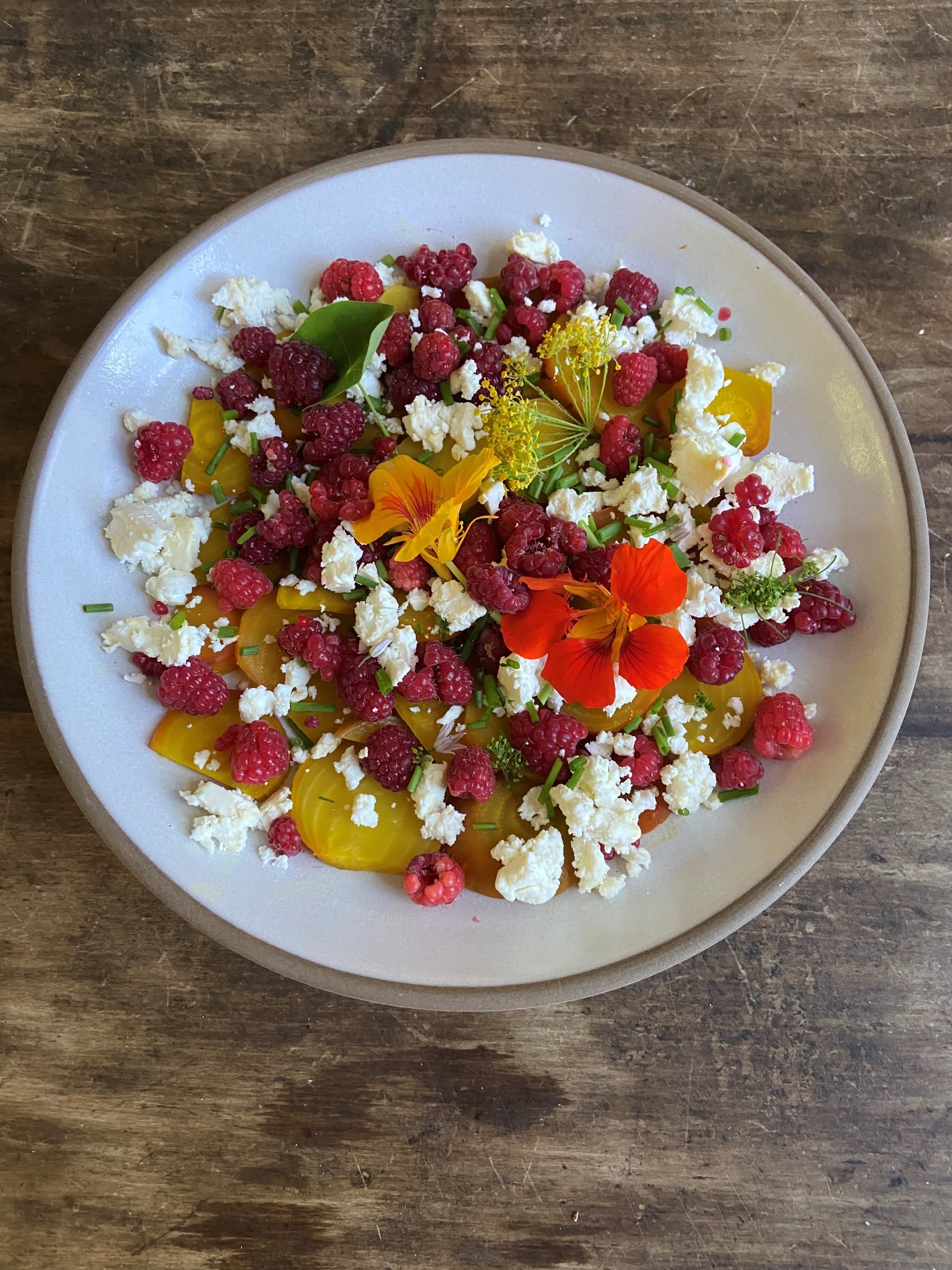 Roasted beet, raspberry and feta salad. (Kathy Gunst/Here & Now)