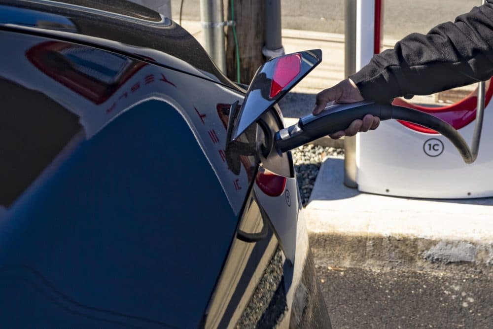 Roger Souza plugs in his Model Y Performance Tesla at a charging station on McGrath Highway in Somerville. (Jesse Costa/WBUR)