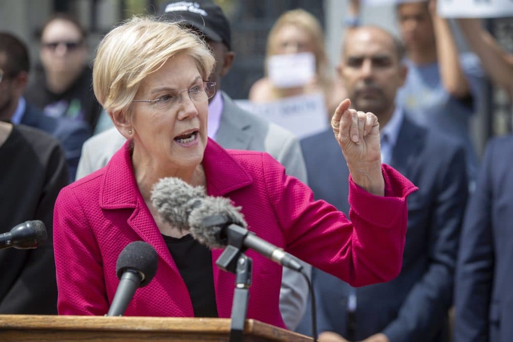 Sen. Elizabeth Warren speaks to a crowd gathered at the Massachusetts State House to protest the US Supreme Court's decision to overturn Roe v. Wade. (Robin Lubbock/WBUR)