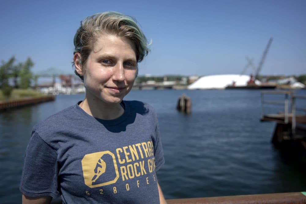 Emerald Tutu Coastal Hydrology Expert Dr. Julia Hopkins at Chelsea Creek. (Robin Lubbock/WBUR)