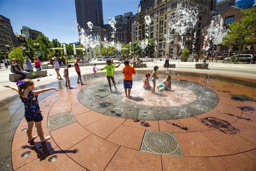 The Rings Fountain is blasting out water on a hot day on the Greenway in Boston. (Jesse Costa/WBUR)