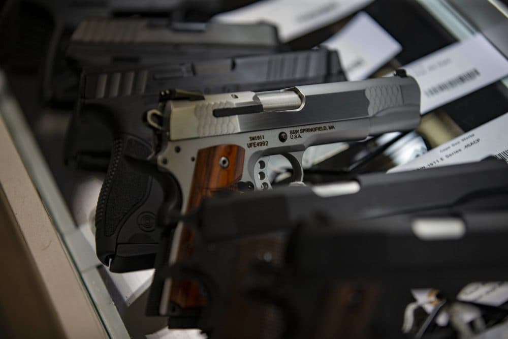 Handguns on display at Cape Gun Works in Hyannis. (Jesse Costa/WBUR)