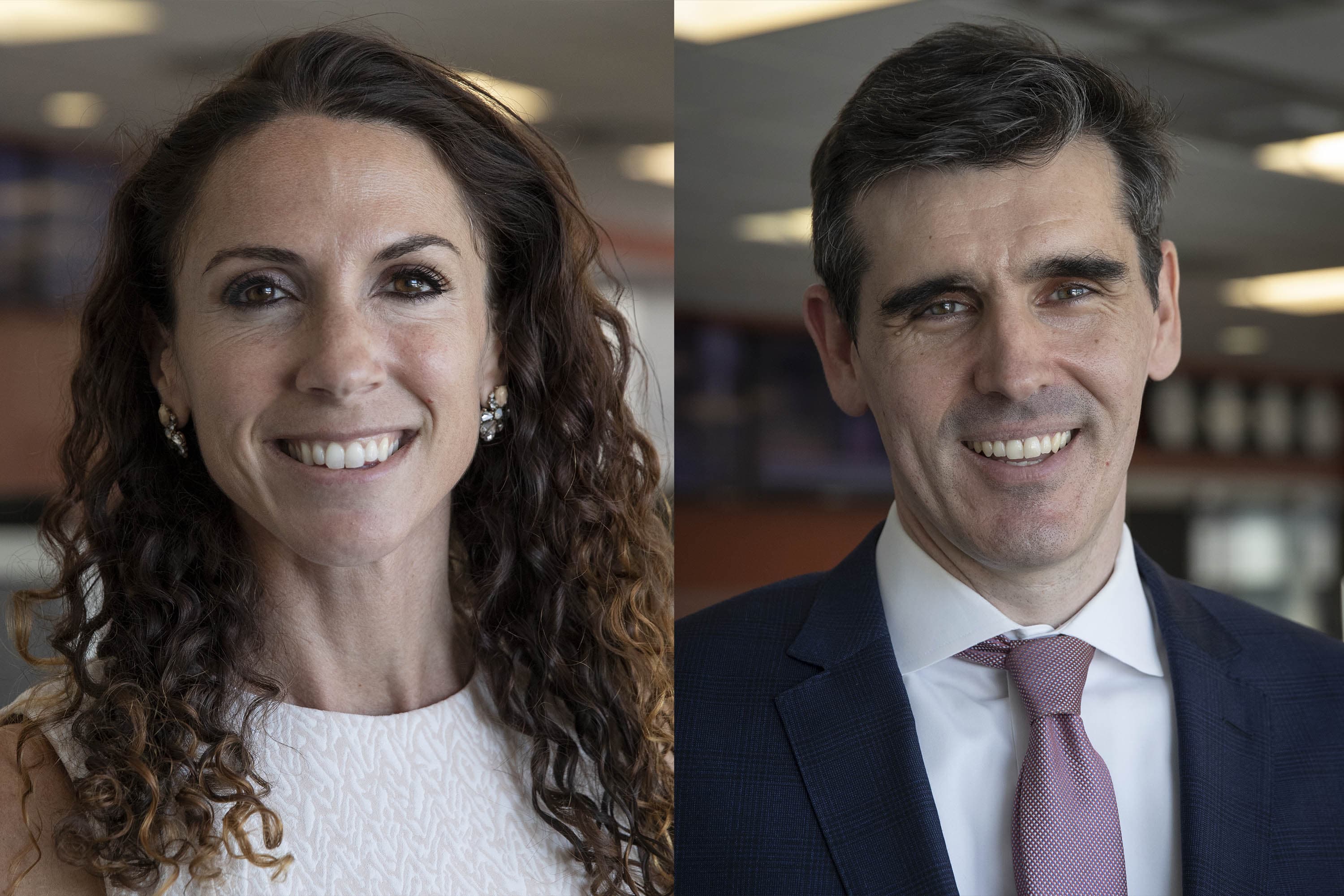 The Democratic primary candidates for state auditor, state Sen. Diana DiZoglio and former Assistant Secretary of Transportation Chris Dempsey, inside WBUR offices. (Robin Lubbock/WBUR)