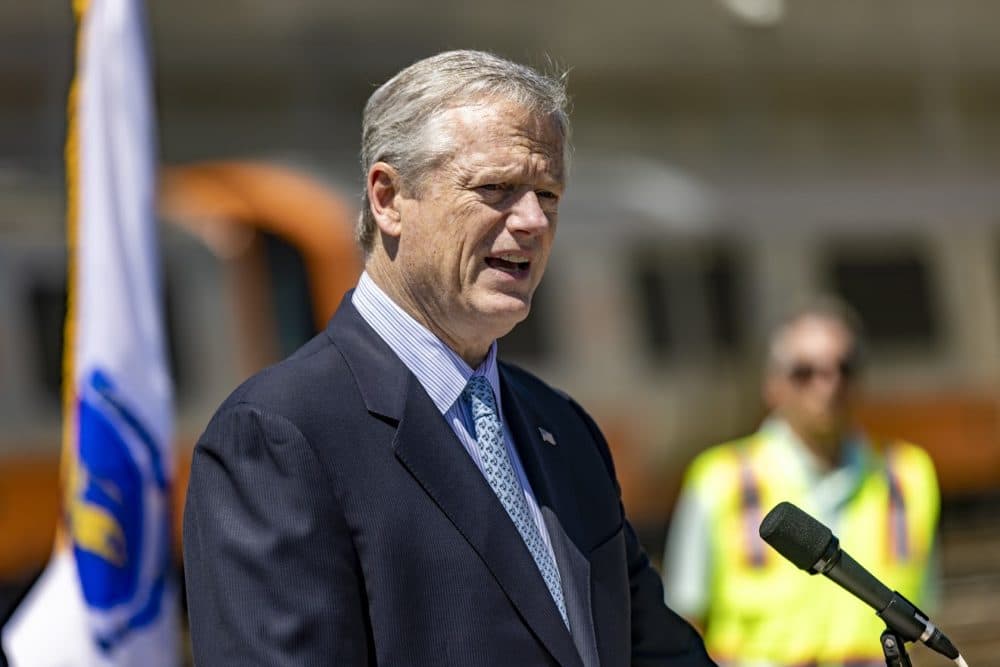 Gov. Charlie Baker announces a 30-day shut down of the Orange Line at a press conference at the Wellington train yard in Medford. (Jesse Costa/WBUR)