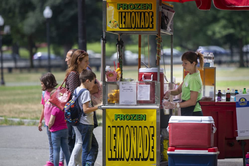 A family waits for their frozen lemonade to be made in Boston Common on Aug. 5. (Jesse Costa/WBUR)