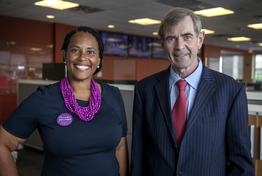 Tanisha Sullivan, President of the NAACP Boston Chapter and William Galvin, Secretary of the Commonwealth of Massachusetts at WBUR for a Massachusetts Secretary of State Democratic Primary Debate on Radio Boston. (Robin Lubbock/WBUR)