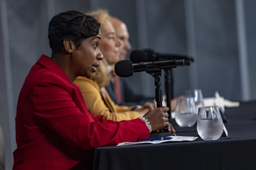 Democratic primary candidate Andrea Campbell speaks during the Massachusetts attorney general debate at WBUR’s CitySpace on Aug. 10, 2022. (Jesse Costa/WBUR)