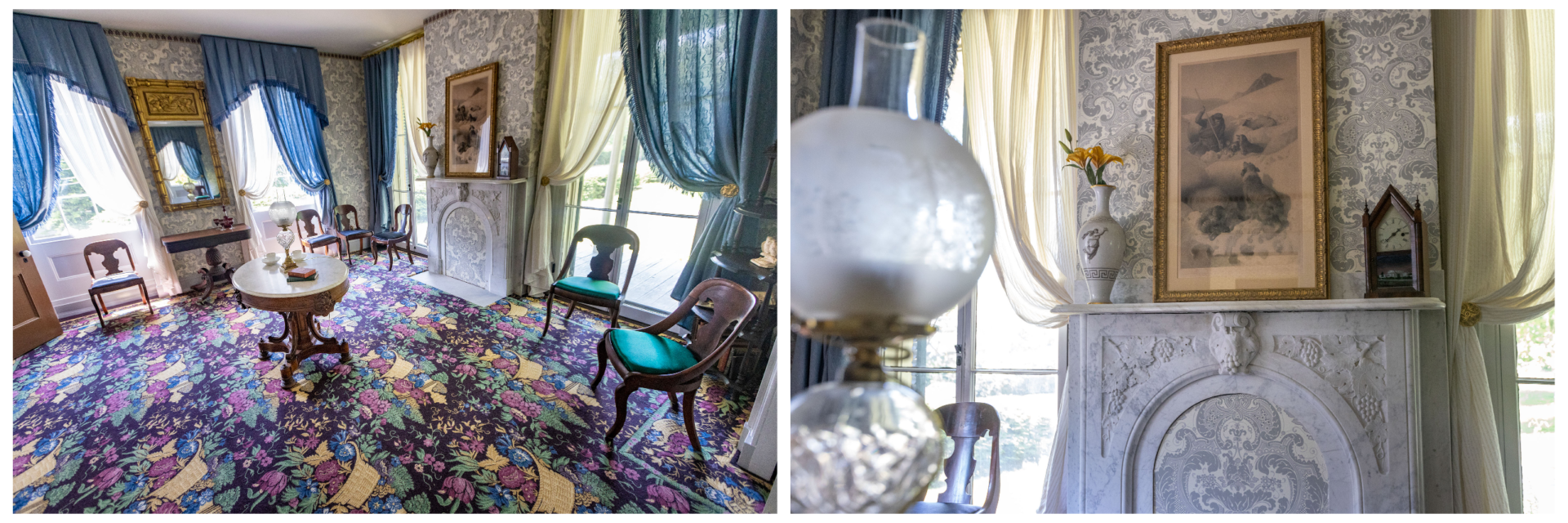 Left, the renovated parlor in the Emily Dickinson Museum looks more vibrant and alive with textured wallpaper and colorful carpeting. The marbletop table in the center of the room is one of the set pieces from the Apple TV+ series. Right, a closeup view of some of the items in the room, including a clock from &quot;Dickinson.&quot; (Jesse Costa/WBUR)