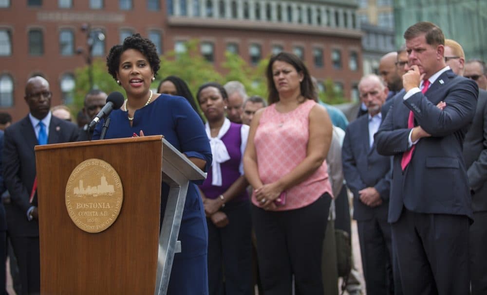 President of the Boston chapter of the NAACP Tanisha Sullivan speaks to the media. (Jesse Costa/WBUR)