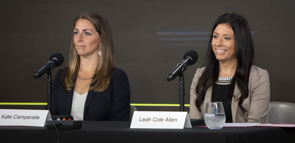 Former State Rep. Kate Campanale and former State Rep. Leah Cole Allen take part in a primary debate between Republican candidates for Massachusetts lieutenant governor. (Robin Lubbock/WBUR)