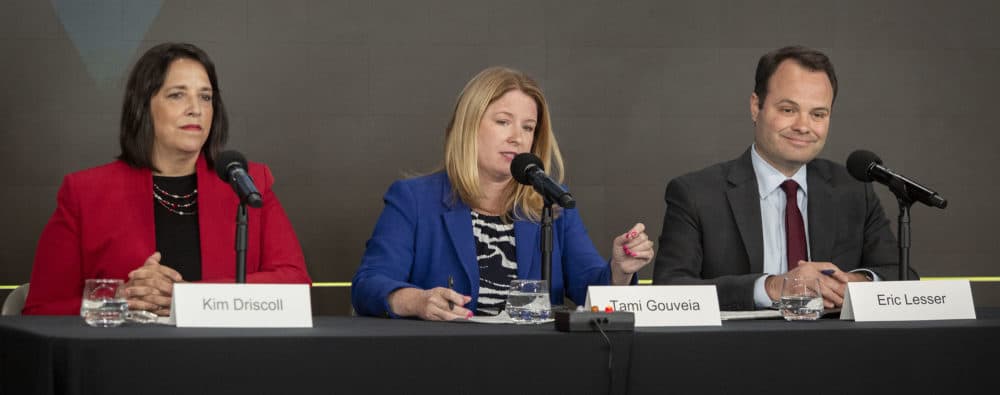 The Democratic candidates for lieutenant governor of Massachusetts, Salem Mayor Kim Driscoll, state Rep. Tami Gouveia and state Sen. Eric Lesser, at a primary debate at WBUR's CitySpace. (Robin Lubbock/WBUR)