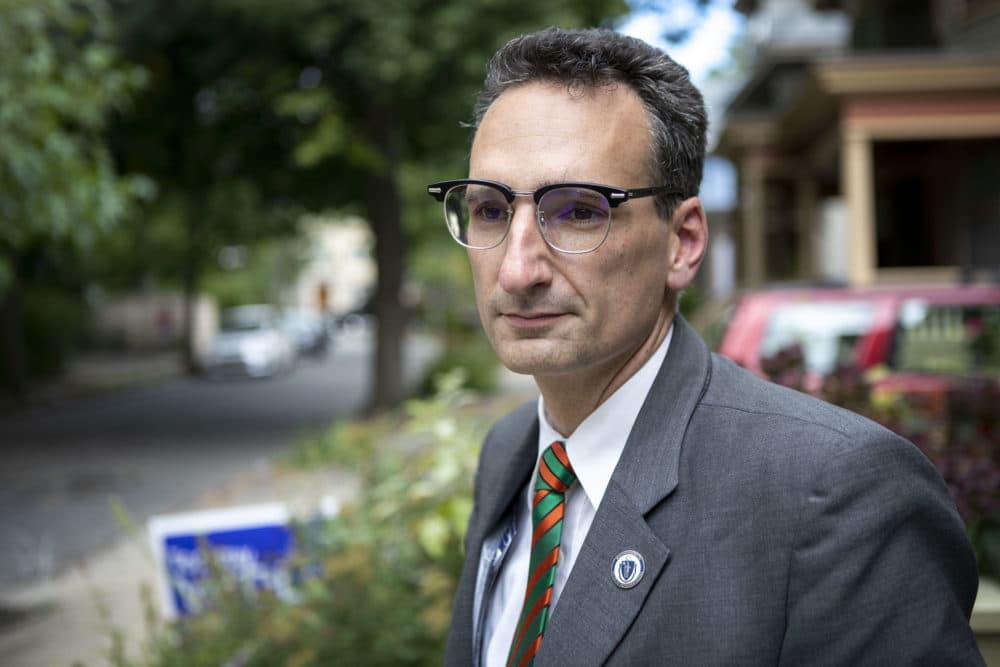 State Rep. Tommy Vitolo on his way from door to door as he campaigns in Brookline. (Robin Lubbock/WBUR)