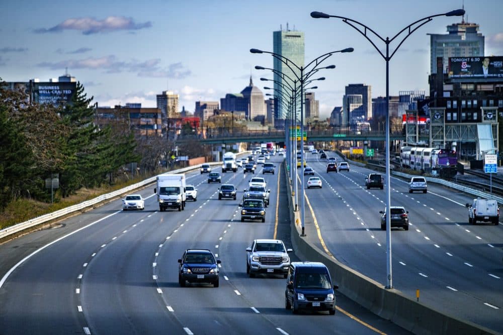 Vehicle traffic leaving Boston on the Massachusetts Turnpike. (Jesse Costa/WBUR)