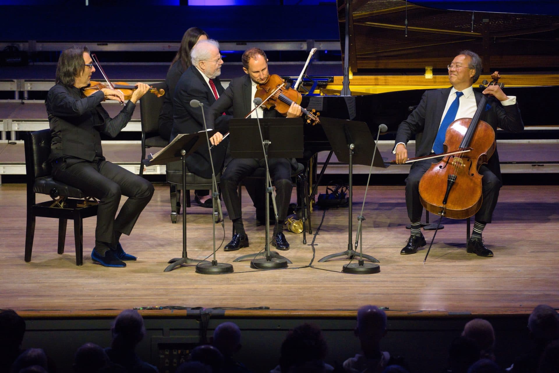 Leonidas Kavakos, Emanuel Ax, Antoine Tamestit and Yo-Yo Ma at Tanglewood playing Dvořák's Piano Quartet No. 2. (Courtesy Hilary Scott)