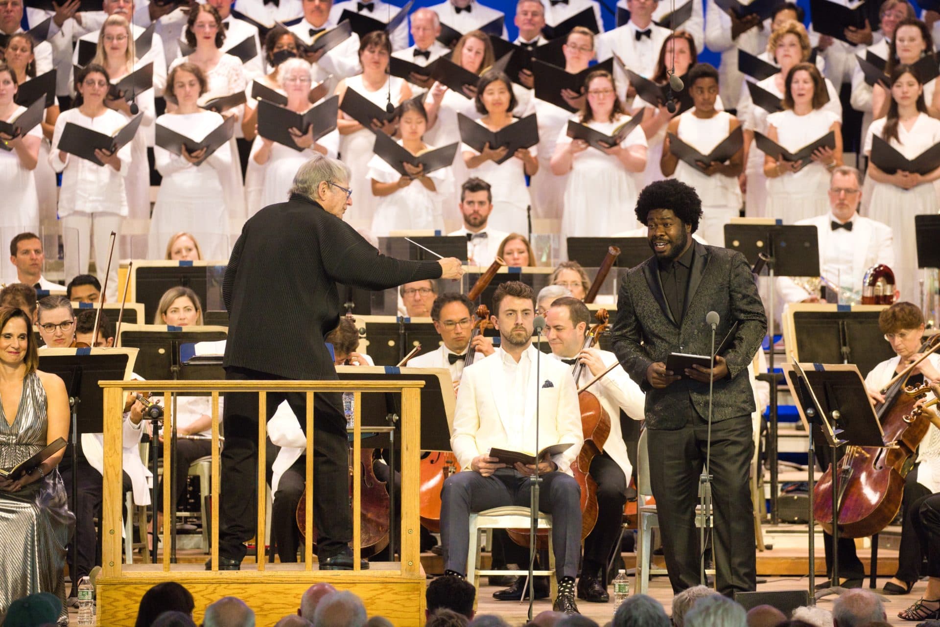 Conductor Michael Tilson Thomas and bass baritone Dashon Burton with the BSO and Tanglewood Festival Chorus during a performance of Beethoven's Symphony No. 9 at Tanglewood. (Courtesy Hilary Scott)